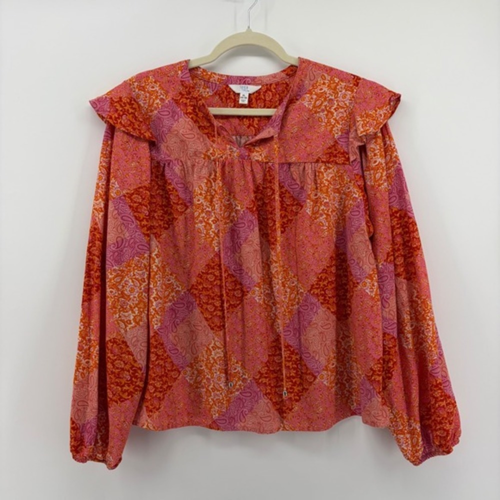 Time and Tru Women's XL Pink Orange Paisley Print Ruffle Neck Blouse